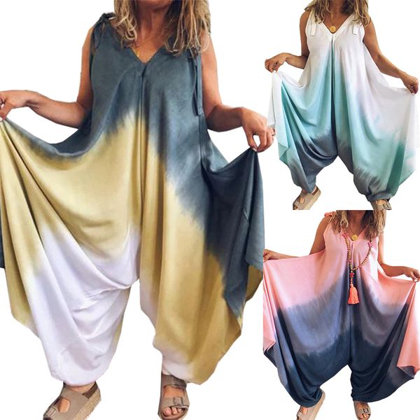 

women's jumpsuits rompers strap sleeveless boot cut jumpsuit ladies tie die print casual overall streetwear romper, Black;white
