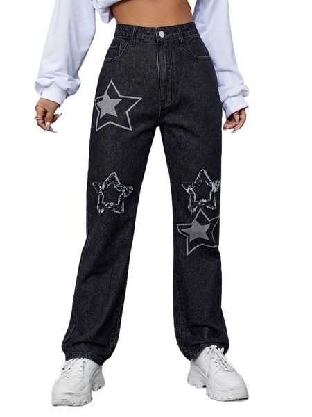 

high waist star print raw trim straight leg jeans c0sx#, Blue