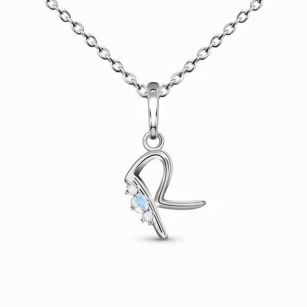 

women's sterling silver necklace letter r shape moonstone charm delicate accessory