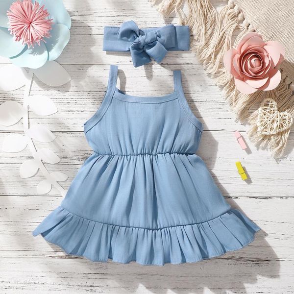 Mädchen Kleider Baby Mädchen Kleidung Säuglingssommerkleid Kleinkind Feste Blaue Denim Prinzessin Hosenträger Stirnband Kinder FreizeitkleidungMädchen