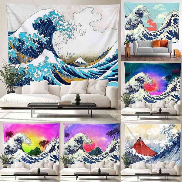 Japenese Style Wave Boat Sun Tapestry Beach Sofa Table Blanket Living Room Wall Hanging Decoration J220804