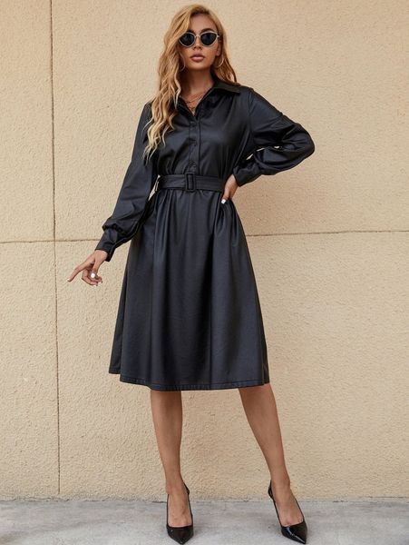 

pu button front belted dress z28s#, Black;gray