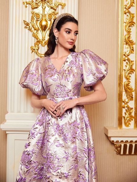 

floral embossing puff sleeve dress u05g#, Black;gray