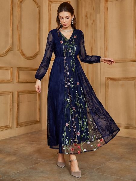 

floral embroidery lantern sleeve mesh dress t28k#, Black;gray