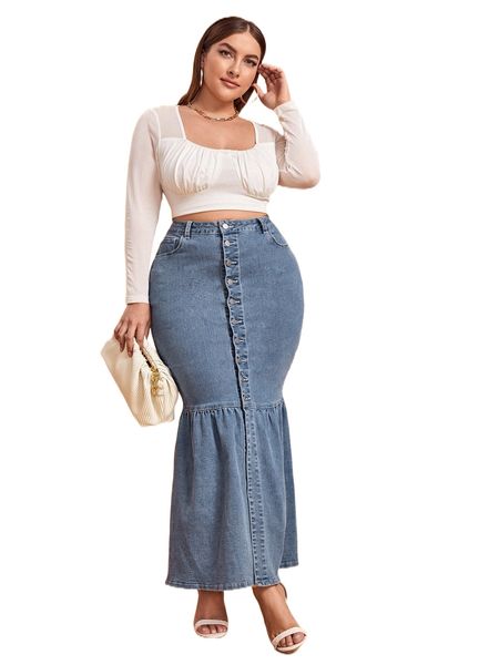 

plus high waist button front mermaid hem denim skirt w5gf#, Black
