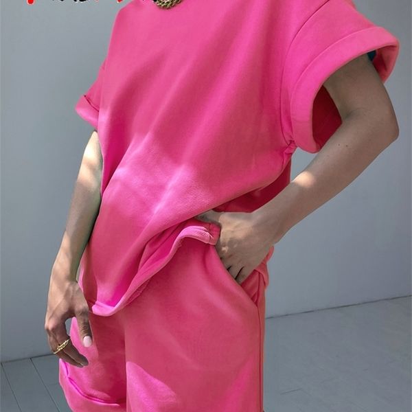 

green suit shorts with tshirt for women and loose oversize 100% cotton summer two piece set women classic tracksuit casual 220606, Gray