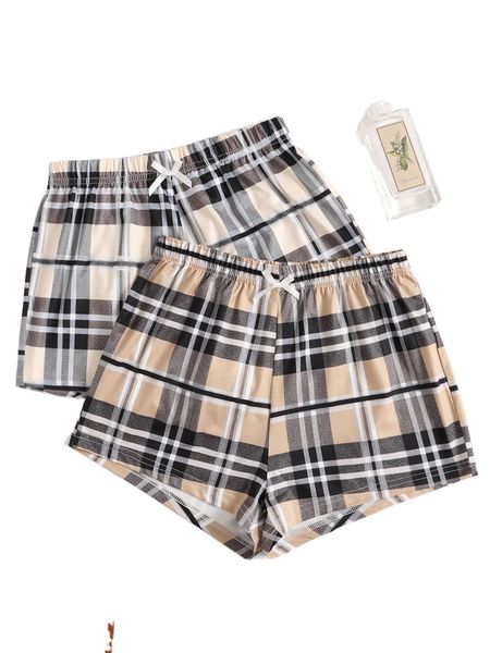 

2pcs plaid print bow detail sleep shorts o7y3#, Black;red