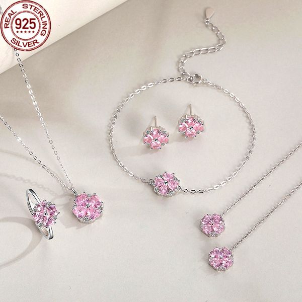 

s925 sterling silver cherry blossom earrings necklace women's net red ins korean version small fresh zircon clover s