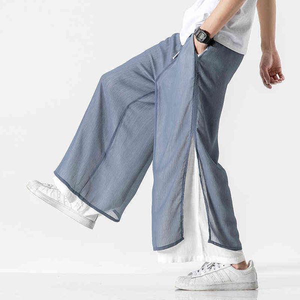 Pantaloni da uomo a doppio strato Hanfu Pantaloni da uomo stile cinese Pantaloni larghi Pantaloni cosplay Lino maschile Kimono Bloomers Bottoms Pantaloni Gonna L220706