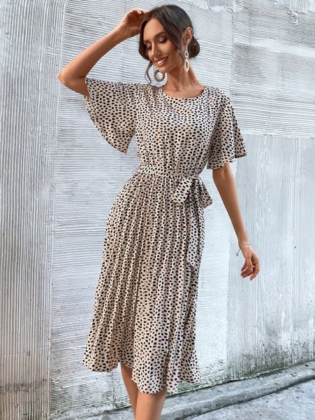 

graphic print butterfly sleeve belted dress d0hg#, Black;gray