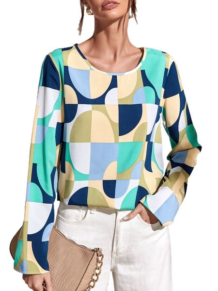 

geo print round neck blouse y50m#, White