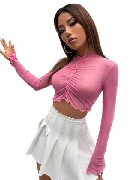 

ruched lettuce trim sheer mesh crop f23c#, White
