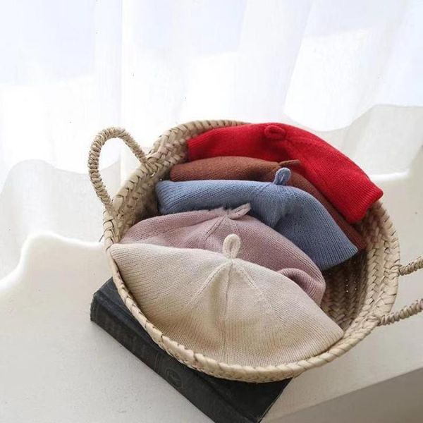 

autumn baby hat berets for girls vintage knitted cap kids infant girl bonnets beret hats boys painter accessories, Yellow