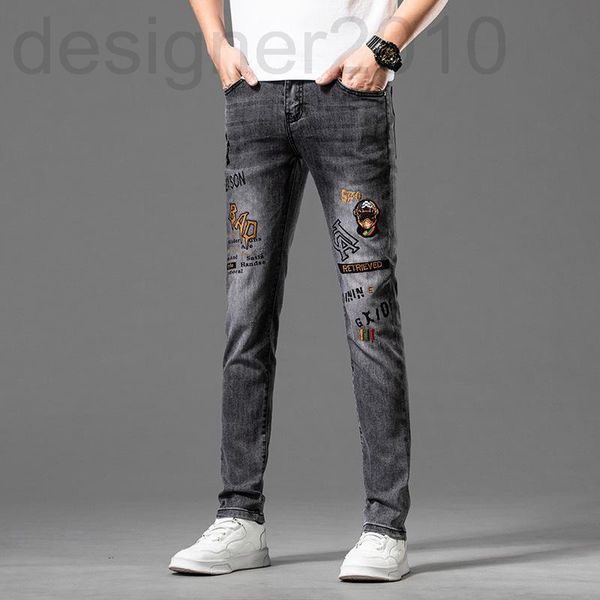 

men's jeans designer quality boutique men's jeans spring and summer thin slim fit small feet elastic leisure trend monster embroid, Blue