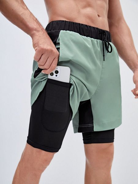 

men two tone drawstring waist sports shorts with phone pocket a5co#, White;black