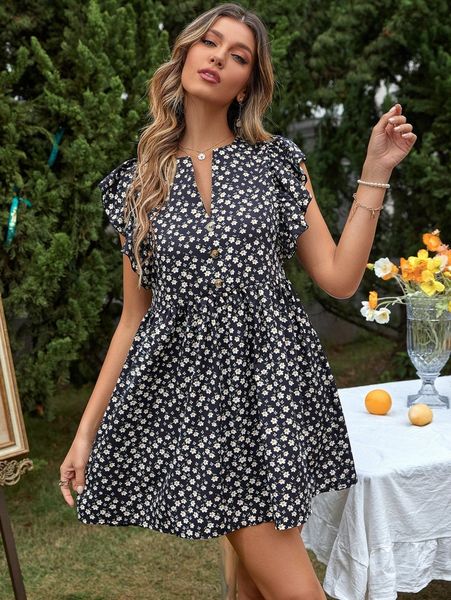 

allover floral print fake button notched neck ruffle trim dress b23j#, Black;gray