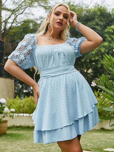 

simplee plus swiss dot contrast guipure lace dress m5rq#, Black