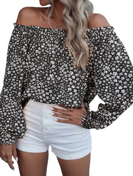 

floral print frill trim off shoulder lantern sleeve blouse 00zu#, White