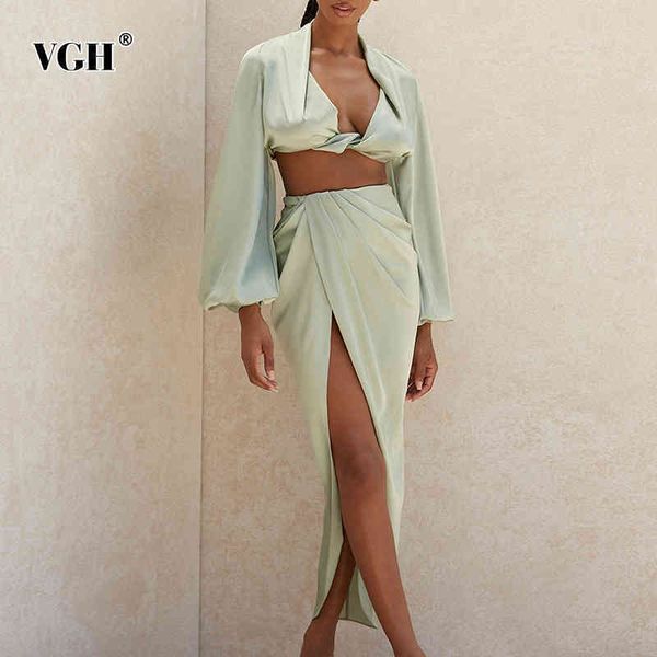 

party two piece set for women v neck lantern sleeve short high waist split maxi skirts female sets style fall 210507, White