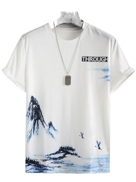 

men letter & landscape print tee w1wn#, White;black
