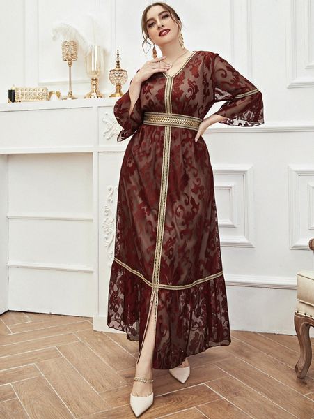 

plus random embroidered flounce sleeve ruffle hem scroll mesh dress m1jg#, Black