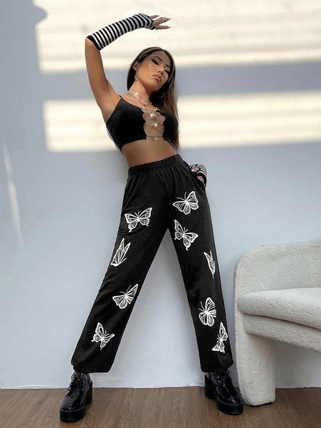 

butterfly print elastic waist sweatpants c2ja#, Black;white
