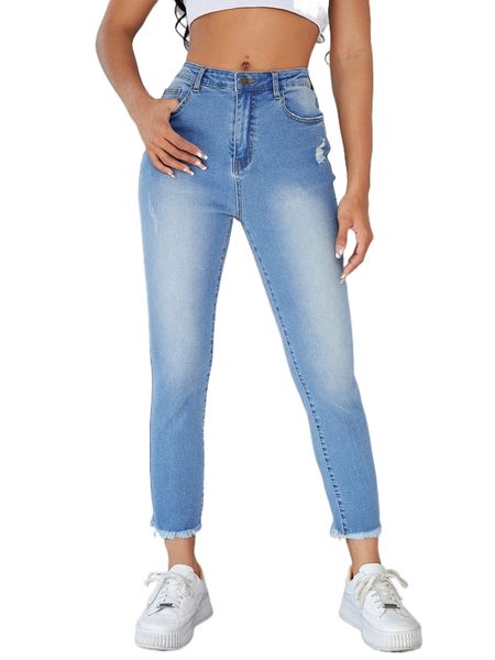 

high waisted raw hem light wash jeans l59a#, Blue