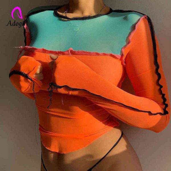 

women's harajuku orange contrast color patchwork long-sleeve t-shirt wom t220823, White