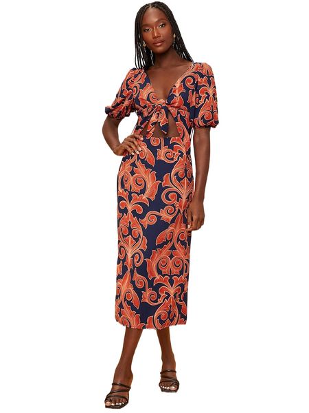 

newness baroque print tie front cutout puff sleeve dress x1qp#, Black;gray