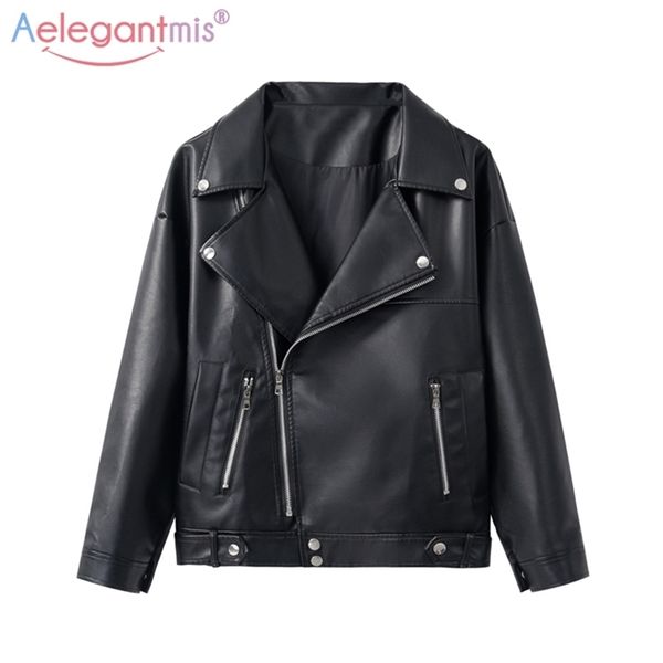

aelegantmis new loose pu faux leather jacket women classic moto biker jacket autumn winter lady basic coat plus size outerwear lj201126, Black