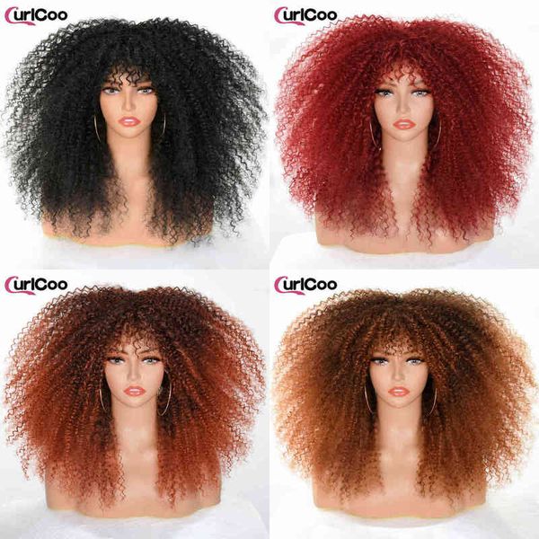 

short hair afro kinky curly wigs with bangs for black women african synthetic ombre glueless cosplay blonde rurple red wig 220622