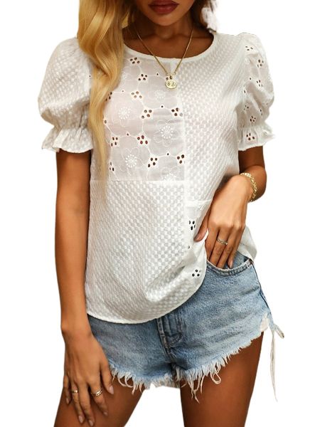 

puff sleeve eyelet embroidered blouse p8tx#, White