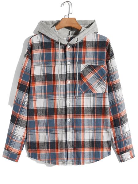 

romwe guys plaid button front pocket drawstring hooded shirt c7ba#, White;black