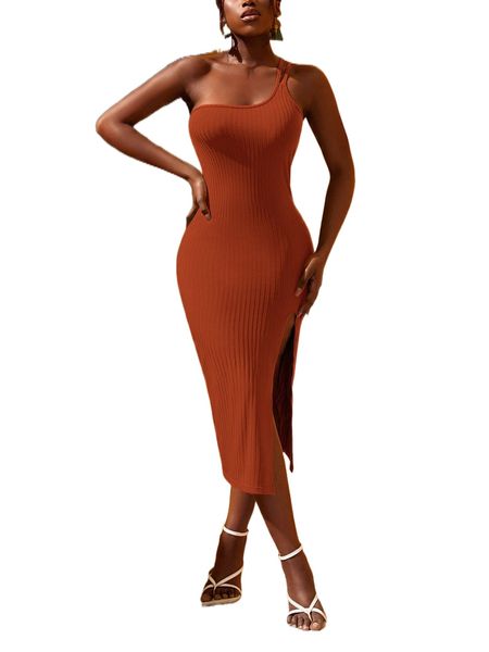 

split thigh one shoulder cami dress g1p6#, Black;gray