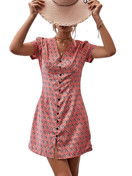 

allover print puff sleeve dress t31b#, Black;gray