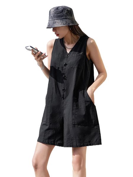 

dazy slant pocket button front tank jumpsuit without belt o73j#, Black;white