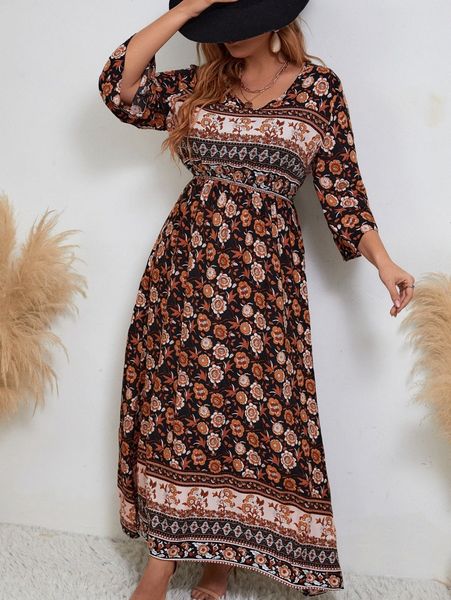 

plus floral print v neck maxi dress a51n#, Black