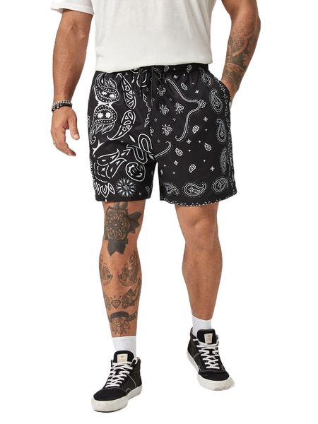 

extended sizes men paisley print drawstring waist shorts n2cp#, White;black
