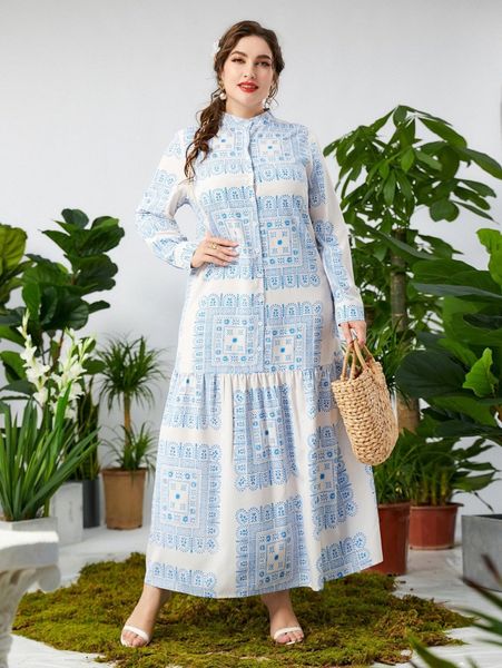 

plus scarf print ruffle hem smock dress 771u#, Black