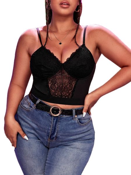 

plus contrast lace bustier cami 39ba#, Black