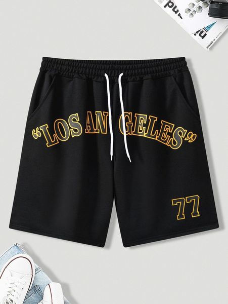 

men letter graphic drawstring waist shorts d8lh#, White;black