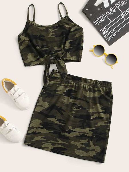 

girls knot hem camo cami & skirt set she, White