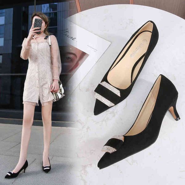 

dress shoes high heels shoes korean fashion pointed shallow mouth sandals work daily suede women s rhinestone thin heeled pumps 220523, Black