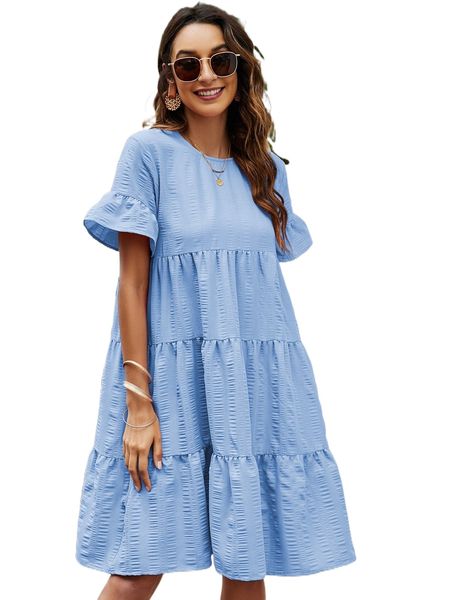 

solid flounce sleeve smock dress a2lm#, Black;gray