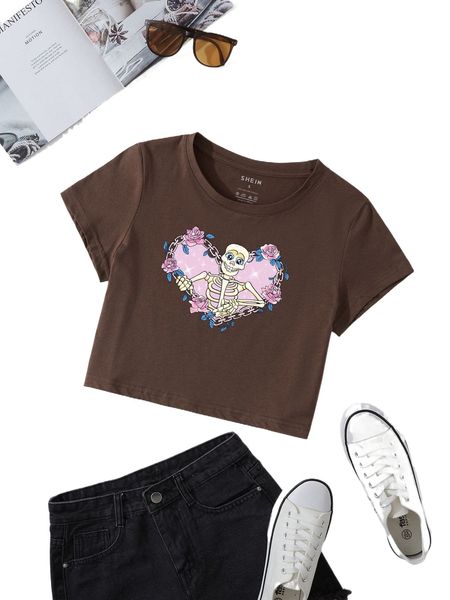 

floral & skeleton print crop tee m5e2#, White