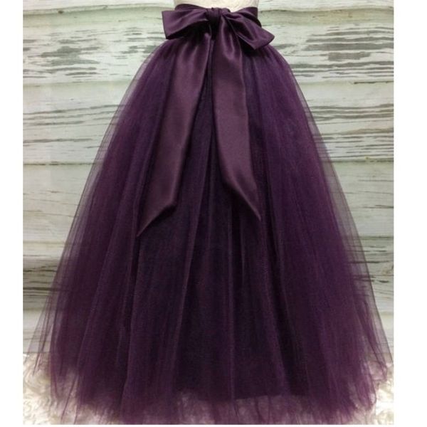 Puffy Dark Purple Long Tule Saias para mulheres com Riffon faixa Puffy tutu saia feminina adulta saias personalizada elástica 210311