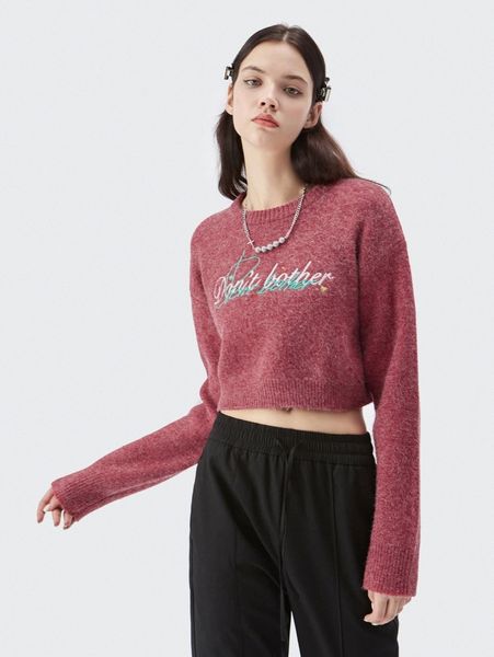

drop shoulder letter & heart embroidery crop sweater l9bm#, White;black