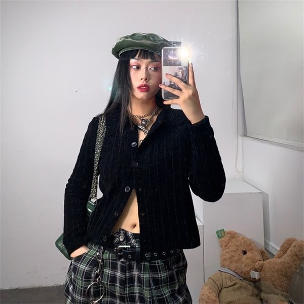 

fall punk kawaii short pull femme sweter black vertical stripes turndown collar crop sweater women chenille knitted cardigan y200910, White;black