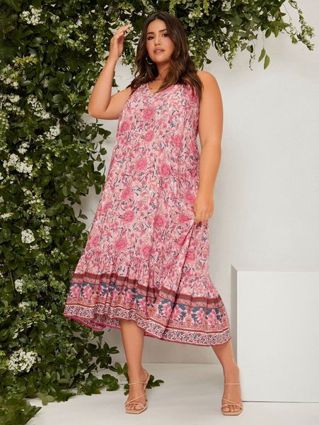 

plus allover floral print ruffle hem cami dress i7aw#, Black