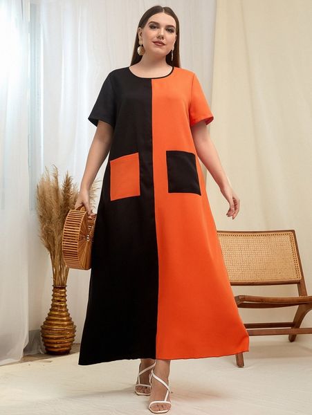 

plus two tone pocket patched dress l9wf#, Black
